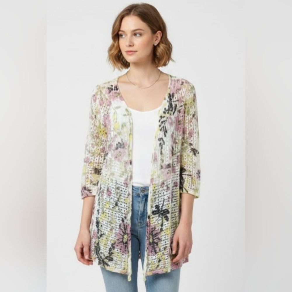 Nouveaux Cardigan Purple Green Floral Sheer Knit Lace Open Boho M